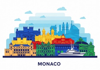 Colorful Monaco City Skyline Vector Illustration Isolated on White Background