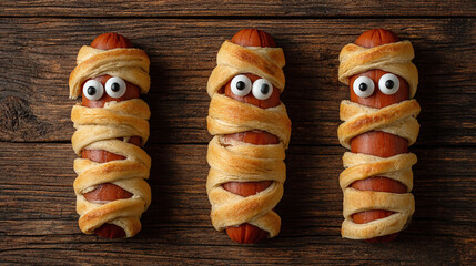 Scary sausage mummies in dough with funny eyes on the table. Funny decoration. Halloween food. Top view