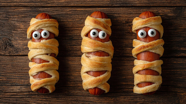 Scary sausage mummies in dough with funny eyes on the table. Funny decoration. Halloween food. Top view