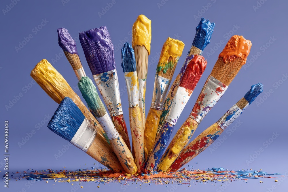 Poster dynamic display of colorful paintbrushes bursting with vibrant paint.