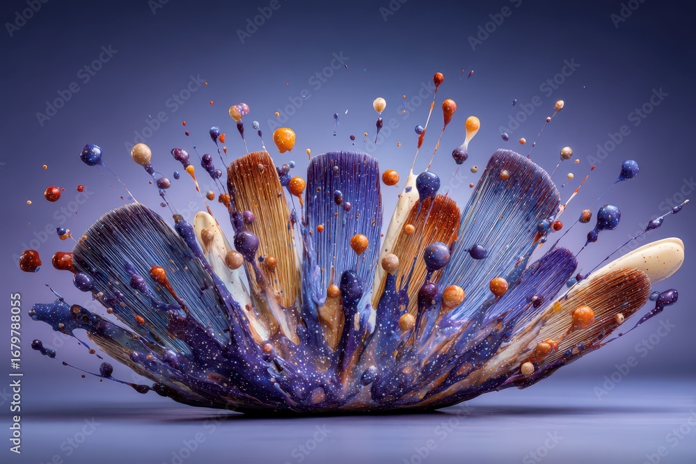 Aufkleber dynamic abstract explosion of colorful paint brushes and splattering droplets.