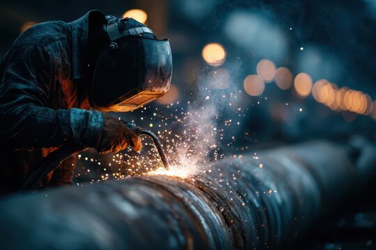 Skilled welder working on a metal pipe with bright sparks and smoke in an industrial setting, symbolizing heavy industry and craftsmanship.