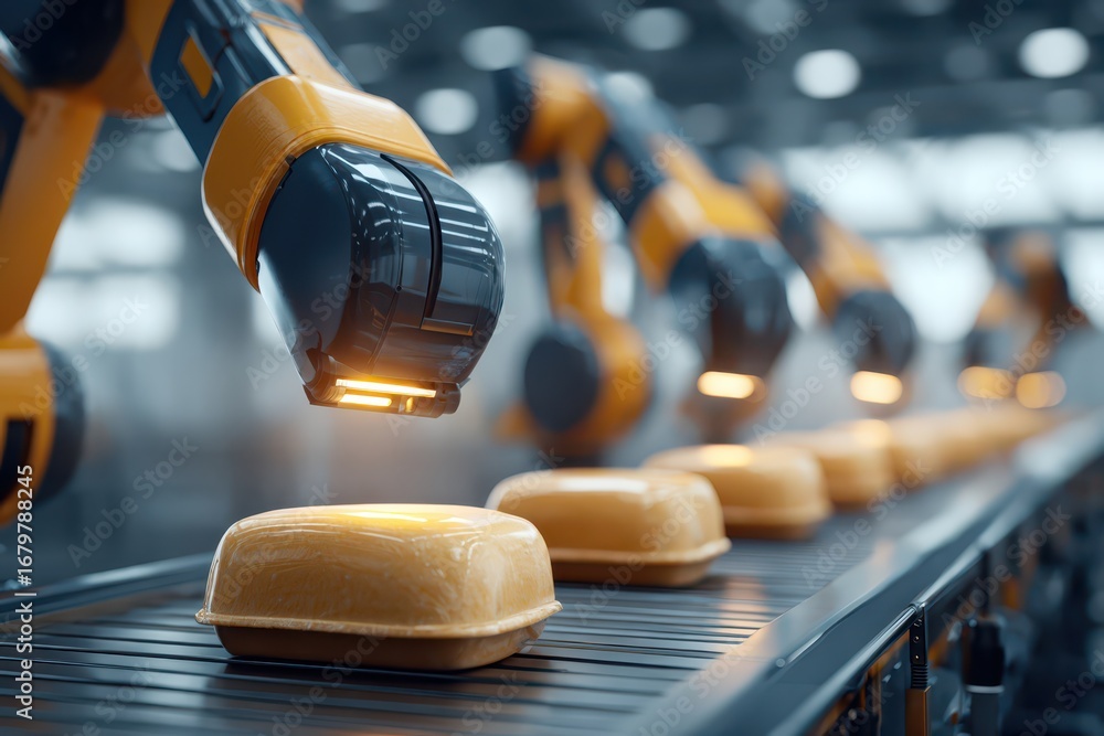 Poster robotic arm performs quality control on a modern automated assembly line.