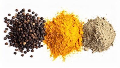 A top-down view of three piles of spices on a white background: black peppercorns, bright yellow turmeric powder, and a pile of grey pepper powder. Concept of spices and cooking ingredients