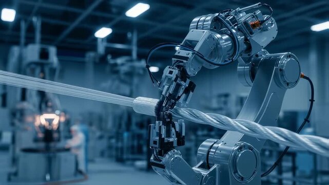 Action shot of robotic machinery weaving ultrastrong fibers into a tether preparing components for space elevator counterweight attachment trials.