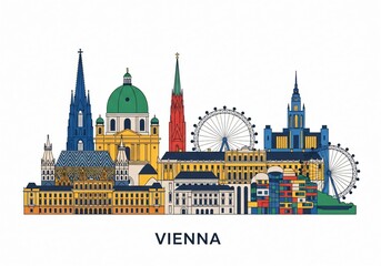 Obraz premium Colorful Vienna City Skyline Vector Illustration Isolated on White Background