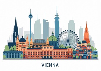 Colorful Vienna City Skyline Vector Illustration Isolated on White Background