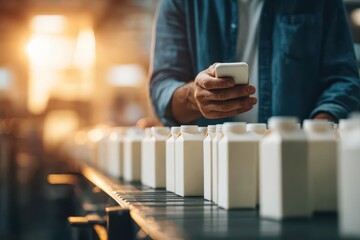 Industrial worker monitors production flow and quality control using a mobile app.