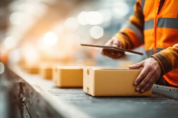 Worker in safety vest scans packages on conveyor belt using a tablet.