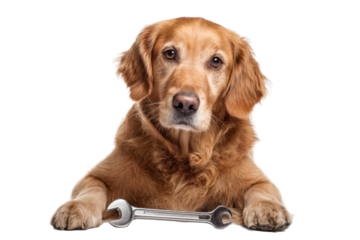 Golden Retriever Holding Wrench on Transparent Background