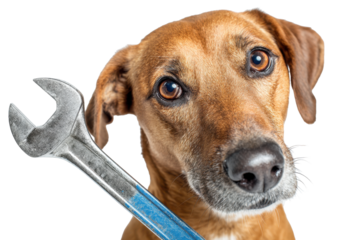 Curious Dog Holding Wrench on Transparent Background