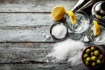 Fresh ingredients for a classic clear cocktail with lemon, olives, and salt.