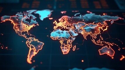 Map of the world showing glowing continents, ideal for use in educational materials or as a design element