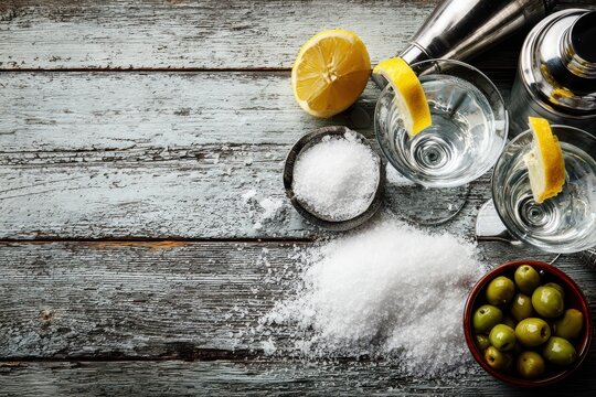 Fresh ingredients for a classic clear cocktail with lemon, olives, and salt.