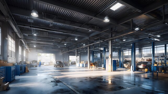Spacious modern car repair shop interior with multiple service bays hydraulic lifts and professional equipment. - Powered by Adobe