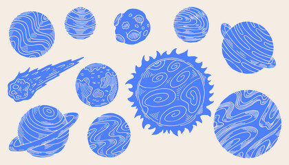 Planets and space set sketch. Drawing collection in linocut style.