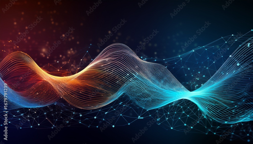 Fototapete abstract colorful wave pattern with connecting dots and lines digital technology background concept 