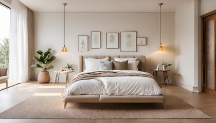 cozy bedroom interior design modern light house or hotel room with comfortable large king size bed luxury linen and stylish trendy minimal or classic decor background bedroom home furniture shop