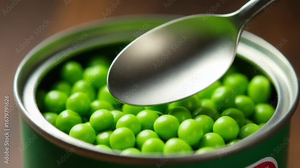 Poster a standard can of peas with a serving spoon containing a portion of peas, suitable for use in variou