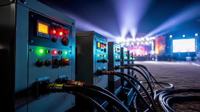 Night scene capturing blinking indicator lights on several synced generators powering an openair music festivals sound and lighting equipment.