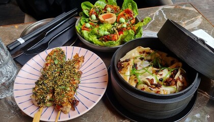 Pair of plates of food are arranged on a table next to a bamboo basket filled with meal