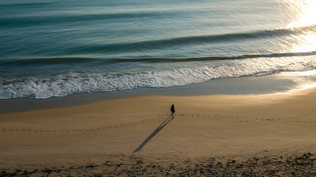 A person walking alone on a sandy beach with waves and a long shadow during golden hour light - Powered by Adobe