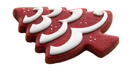 Christmas tree cookie with red icing and sprinkles isolated on transparent background