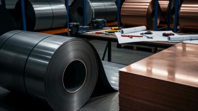 Workshop filled with rolls of mumetal and copper shielding sheets illustrating materials essential for SQUID magnetometer shield room production.