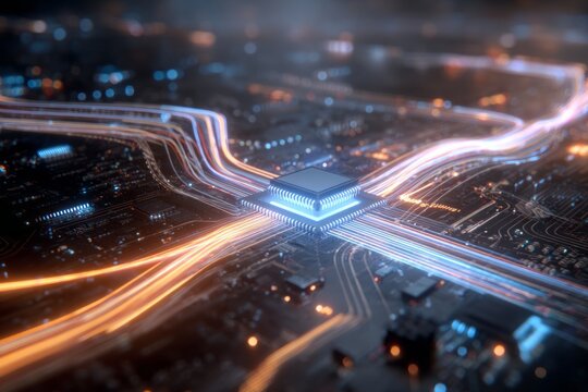 Glowing Data Streams Flowing to Central Microchip on Circuit Board. AI generative - Powered by Adobe
