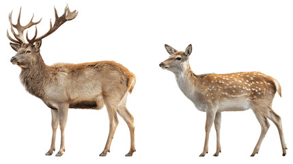 Male and female deer standing together isolated on transparent background