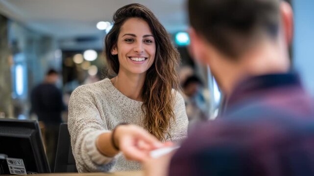 Medium shot of a smiling client presenting passport and utility bill for KYC refresh with teller and queue indistinctly out of focus behind.