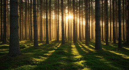 Obraz premium Sunbeams in Misty Pine Forest at Sunrise trees sunlight fog moss green nature landscape woodland woods peaceful serene tranquility morning