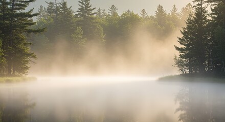 Fototapeta premium Misty Sunrise over Calm Lake and Forest mist fog trees water nature peaceful serene morning golden hour sunlight landscape tranquil outdoor