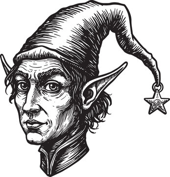 Monochrome woodcut style illustration of a whimsical elf with po