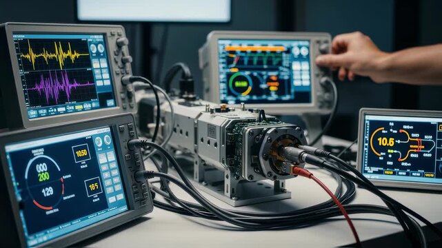 Calibration bench displaying a smart munition guidance module connected to monitoring devices showing realtime data metrics and feedback loops.