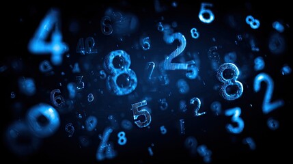 Abstract digital representation of numbers, floating and glowing in a deep blue color scheme.