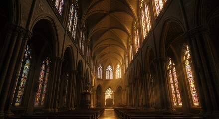 Gothic Cathedral Interior Stained Glass Sunlight church architecture window religion faith spirituality stone pillars arches vault ceiling