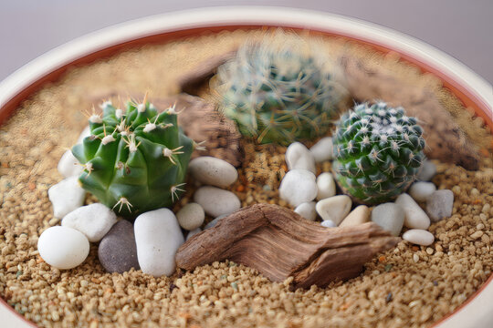 Cactus Garden Delight: An inviting top-down view unveils a harmonious arrangement of succulent cactus varieties, embraced by a bed of fine sand, pebbles, and weathered driftwood.