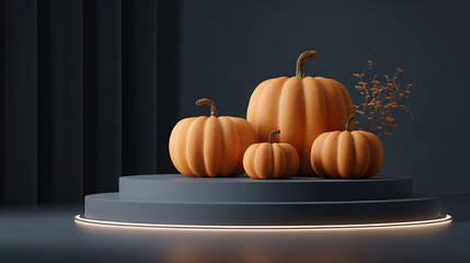 3D Pumpkins for Halloween and Empty Product Stand, Podium