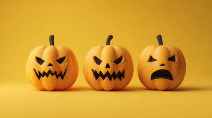 3D Pumpkins for Halloween with a spooky face, Jack O' Lantern, Yellow Background