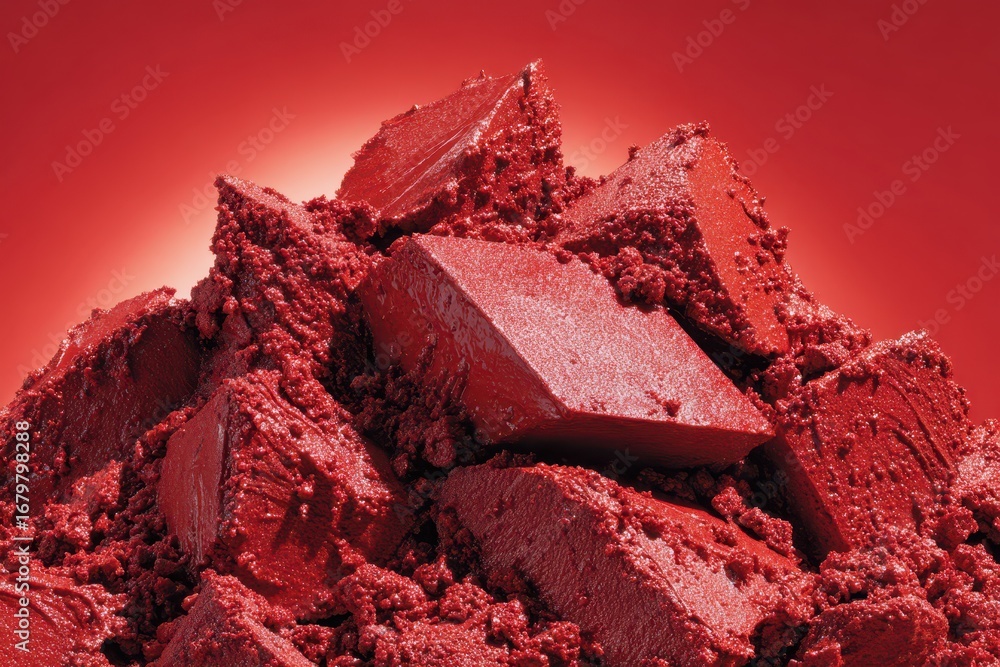Poster vibrant red abstract texture with granular and solid forms on a gradient background.