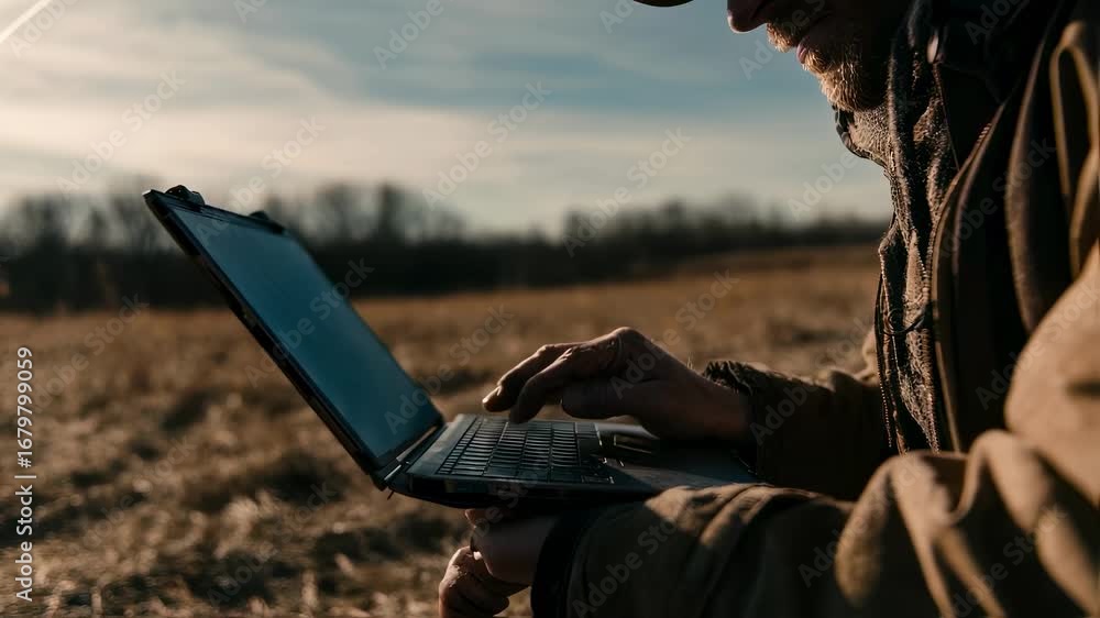 Poster medium shot of a scientist adjusting repeat shot settings on a field laptop control device in crisp 