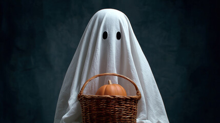 A white ghost with black eyes, made from a bedsheet with a pumpkin basket