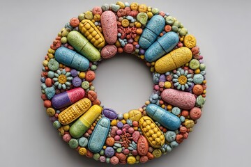 Obraz premium Vibrant health concept wreath crafted from textured pills and small capsules.