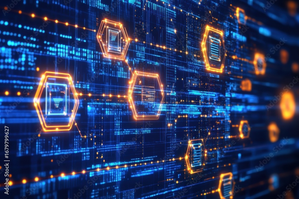 Fototapete digital network graphic featuring interconnected hexagons and vibrant neon colors, representing adva