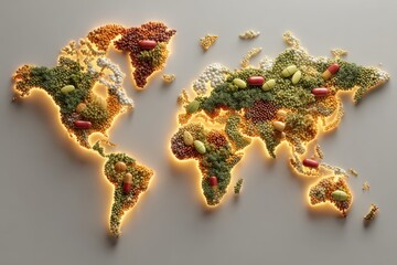 A detailed world map made of seeds and pills, symbolizing global health and nutrition.