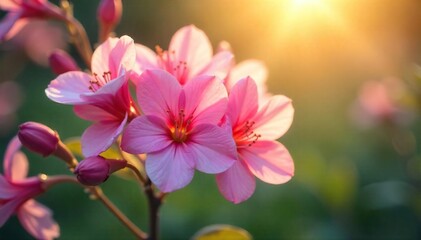 Fototapeta premium Close-up of delicate pink flowers, soft sunlight illuminating petals, gentle breeze rustling leaves; evokes tranquility and beauty , peaceful, charming