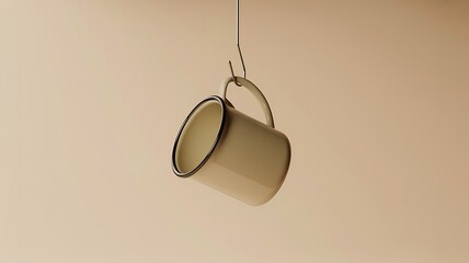 A simple enamel mug hangs suspended by a hook against a soft, muted background.