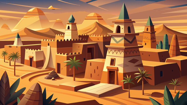 Timbuktu&rsquo;s Ancient Mosques, Mali, rise with mud-brick minarets, wooden scaffolds, and sandy streets. Warm desert glow; semi-realistic flat vector highlighting rhythmic lines, earthy tones, and monumen