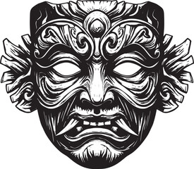 Fototapeta premium Ornate festival mask in woodcut style, a striking black and whit